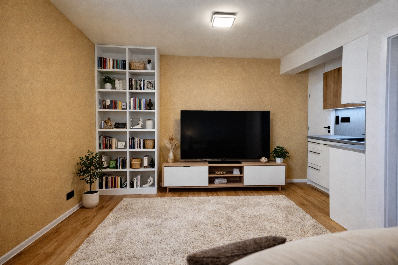 Vizualizace vybaveného obývacího pokoje s kuchyní